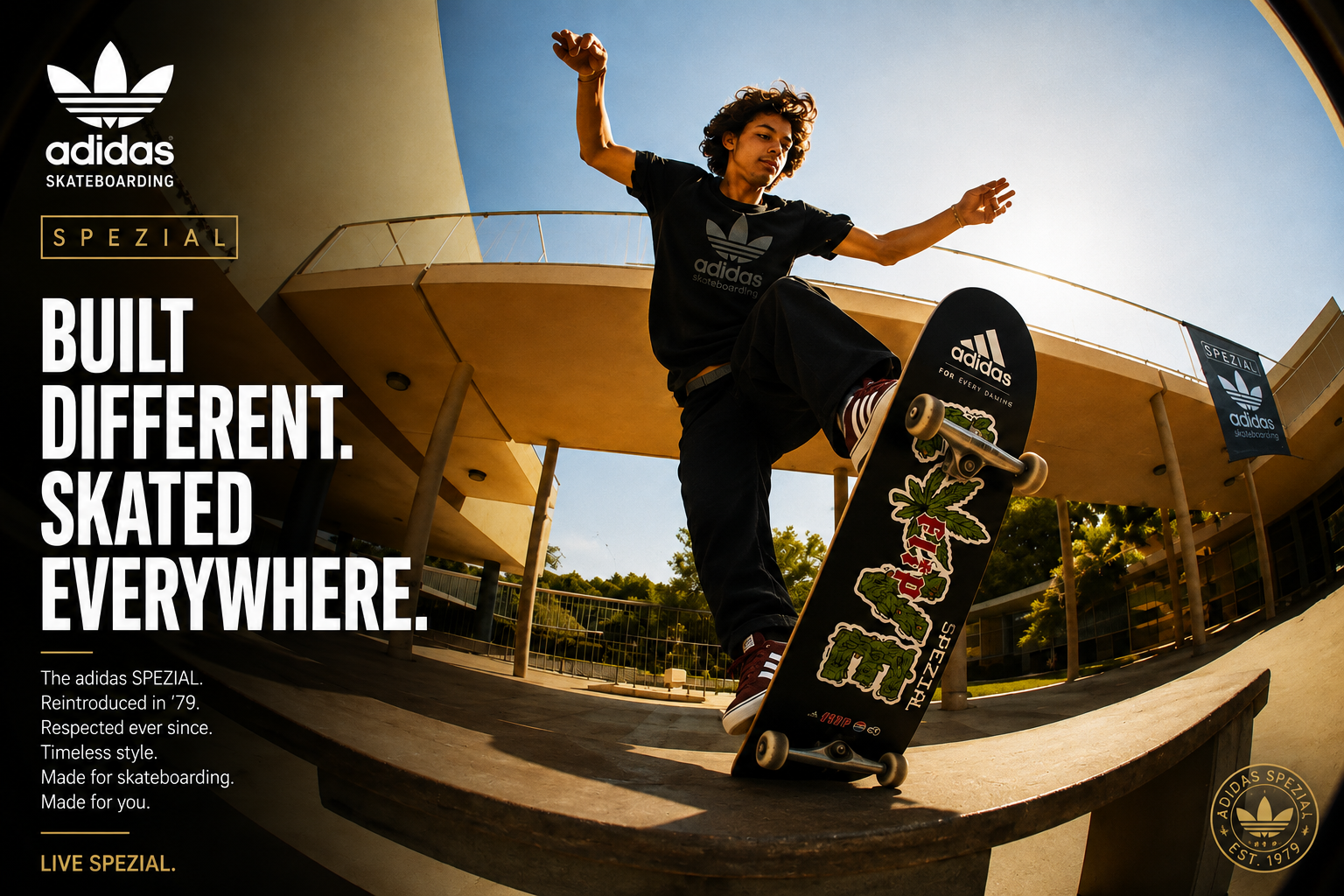 Xavier Ryan skating with a board in an adidas Skateboarding campaign image