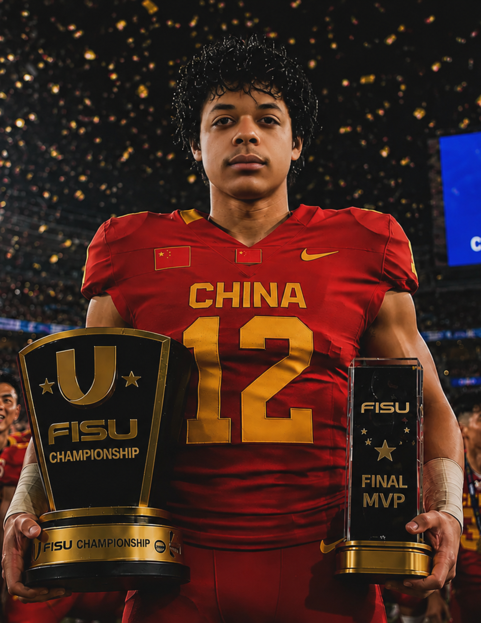 China football player holding championship and MVP trophies