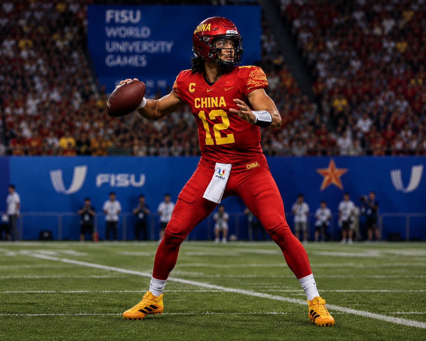 China football player preparing to pass at the World University Games
