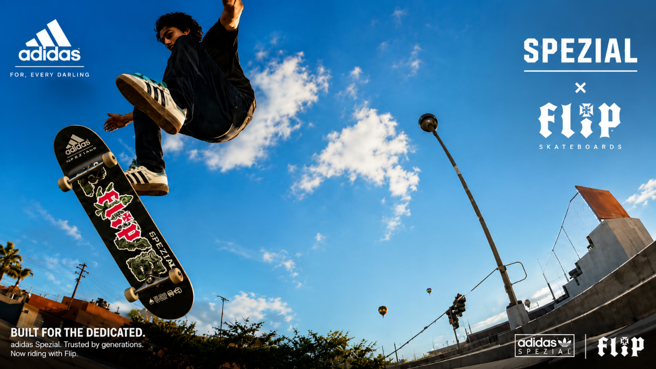 Colour Flip Skateboards × adidas Spezial campaign image of Xavier Ryan airborne over his skateboard