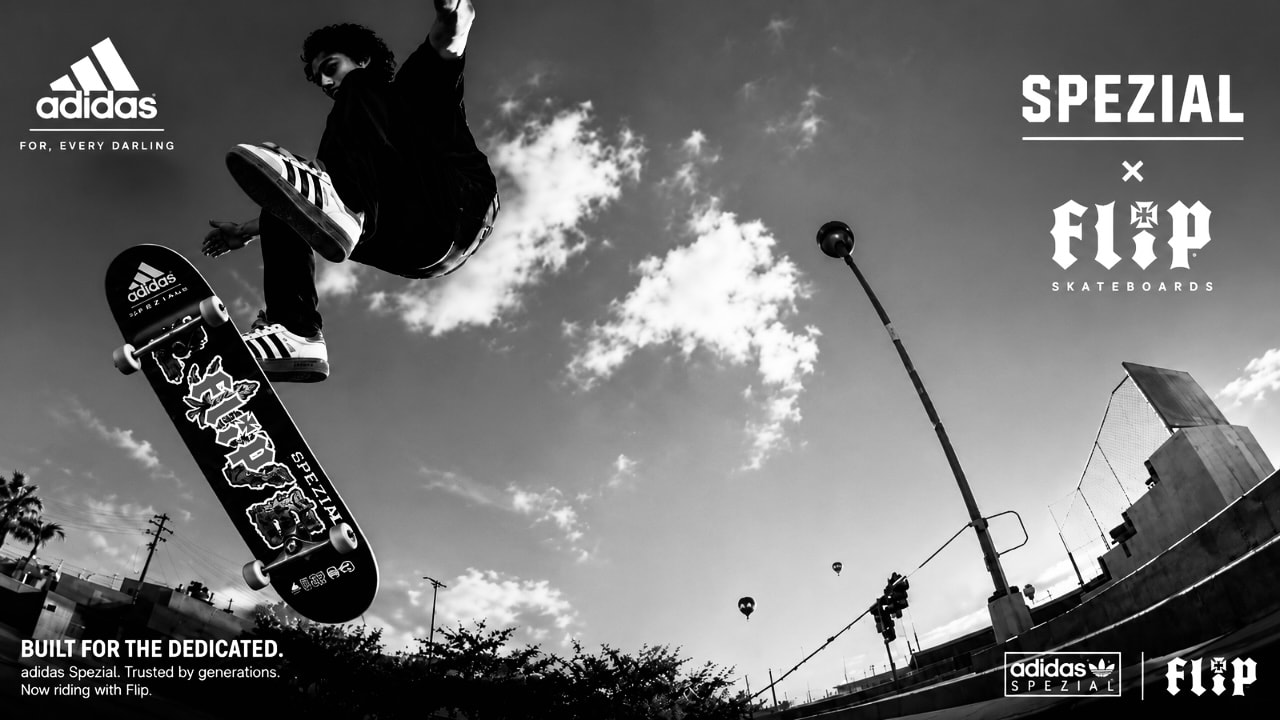 Black-and-white Flip Skateboards × adidas Spezial campaign image of Xavier Ryan airborne over his skateboard