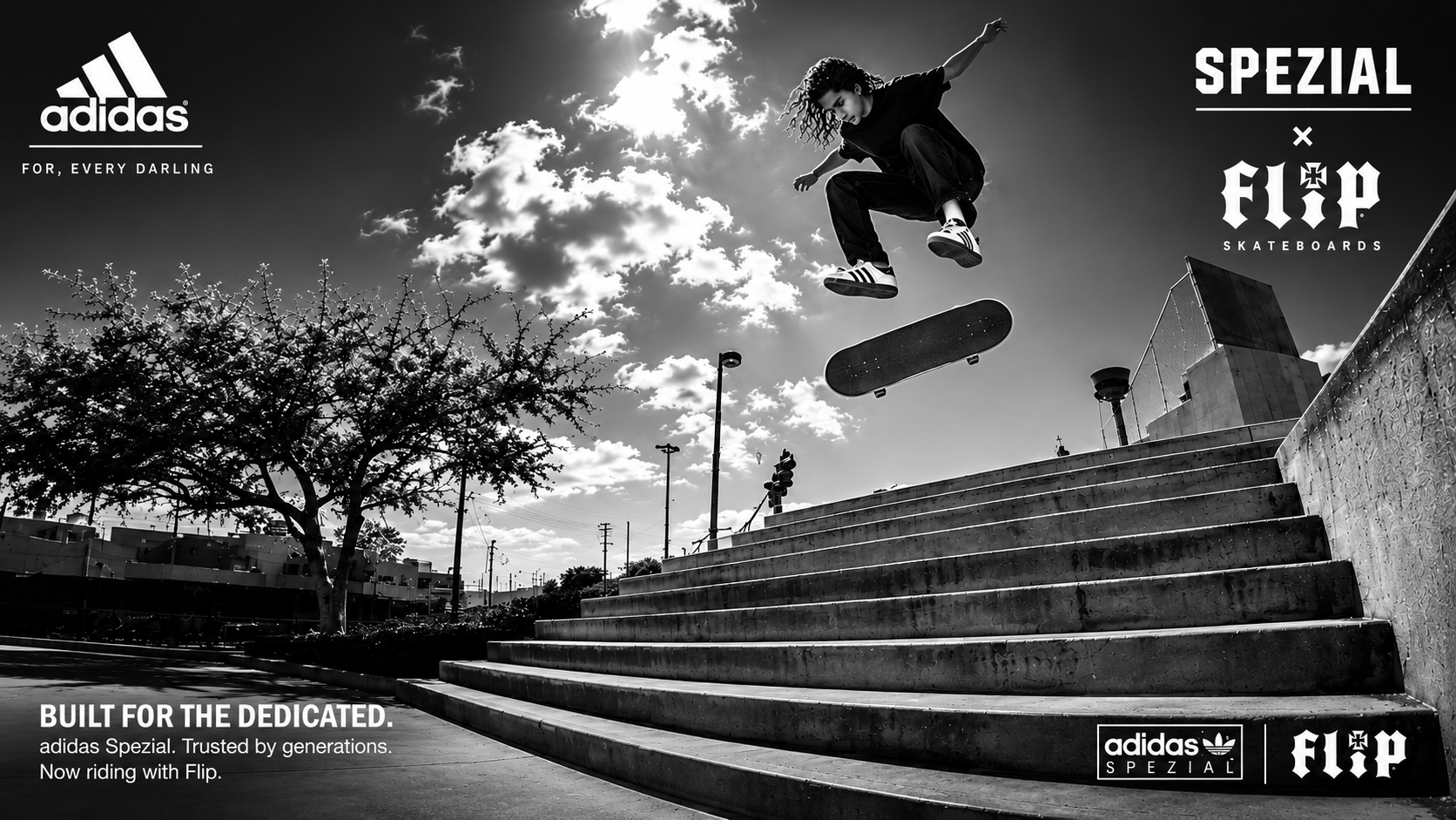 Black-and-white Flip Skateboards × adidas Spezial campaign image of Xavier Ryan flipping his skateboard over a stair set