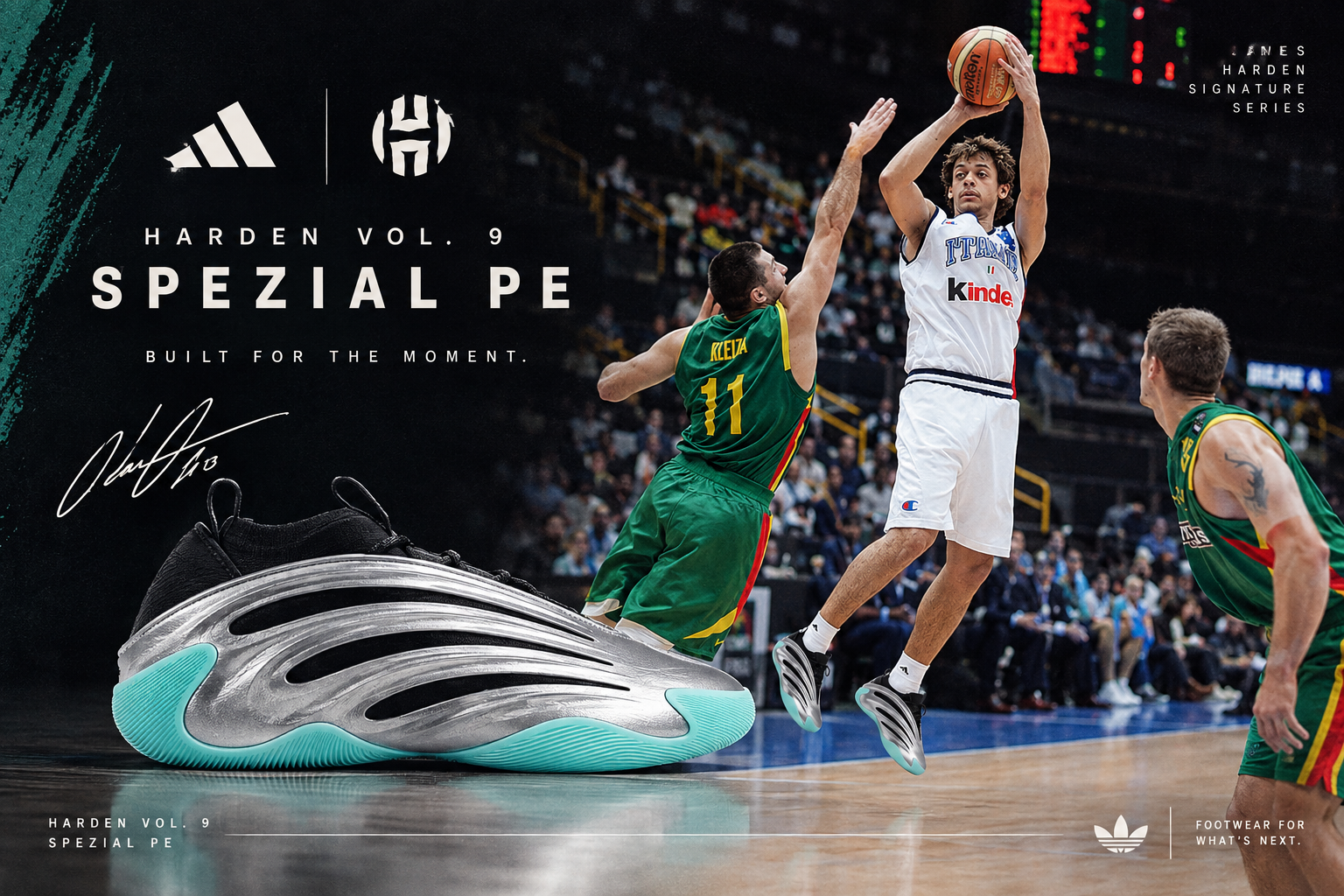 James Harden taking a jump shot in the adidas Harden Vol. 9 Spezial PE basketball footwear campaign