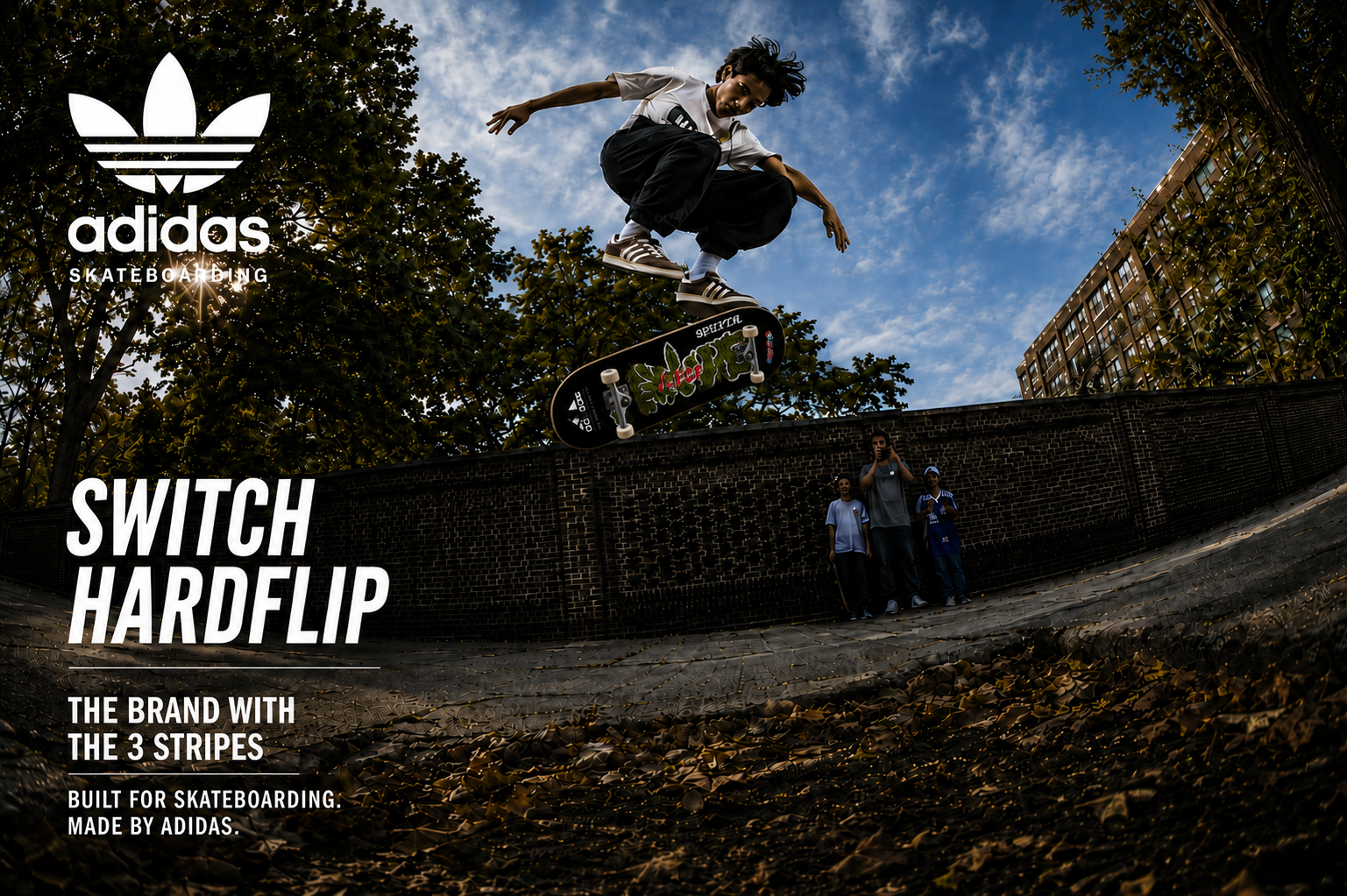 Xavier Ryan performing a switch hardflip above a brick wall