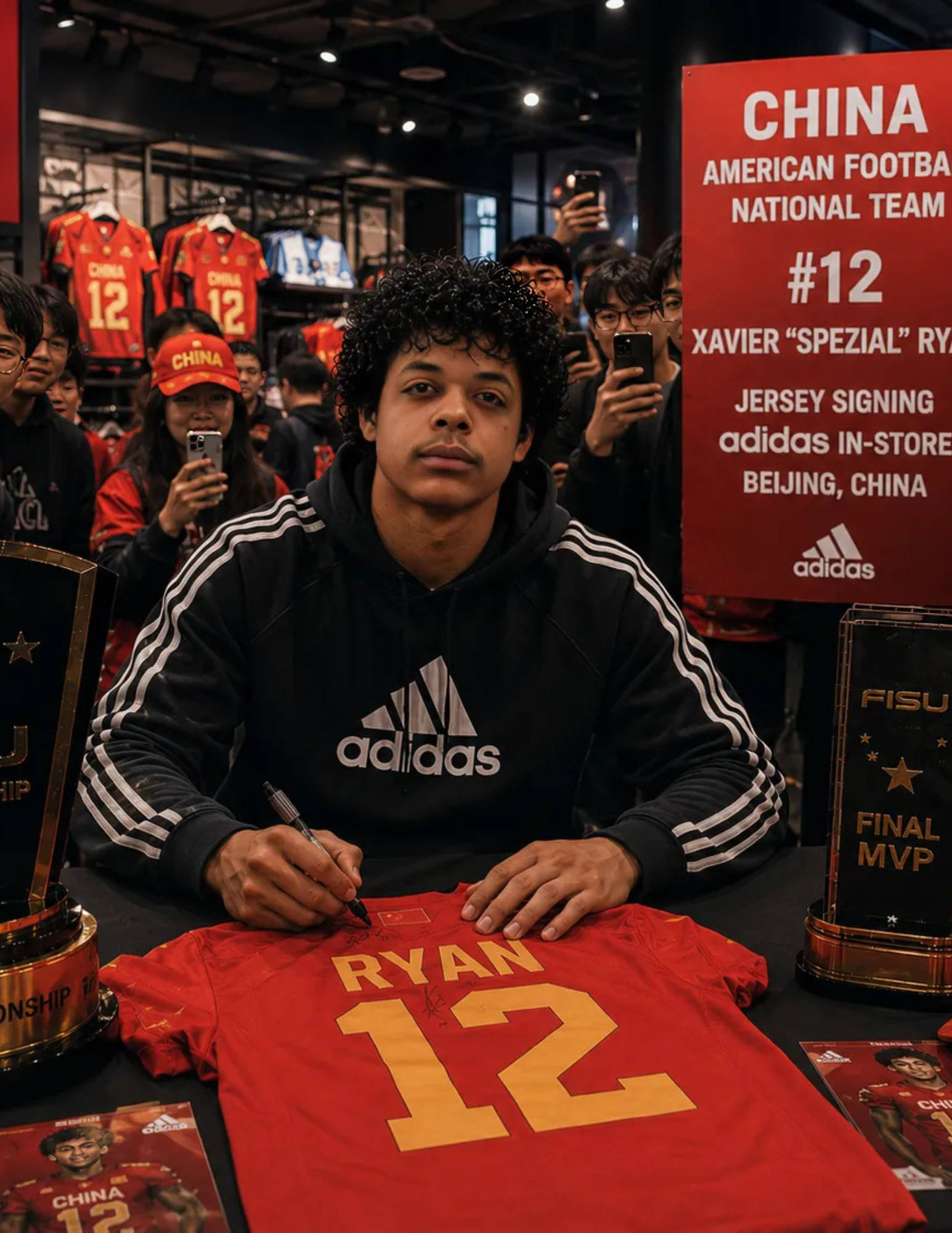 Athlete signing a red China number 12 jersey at an adidas store event in Beijing