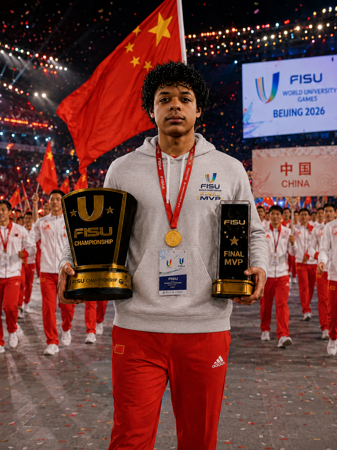 China American football player holding FISU Championship and Final MVP trophies