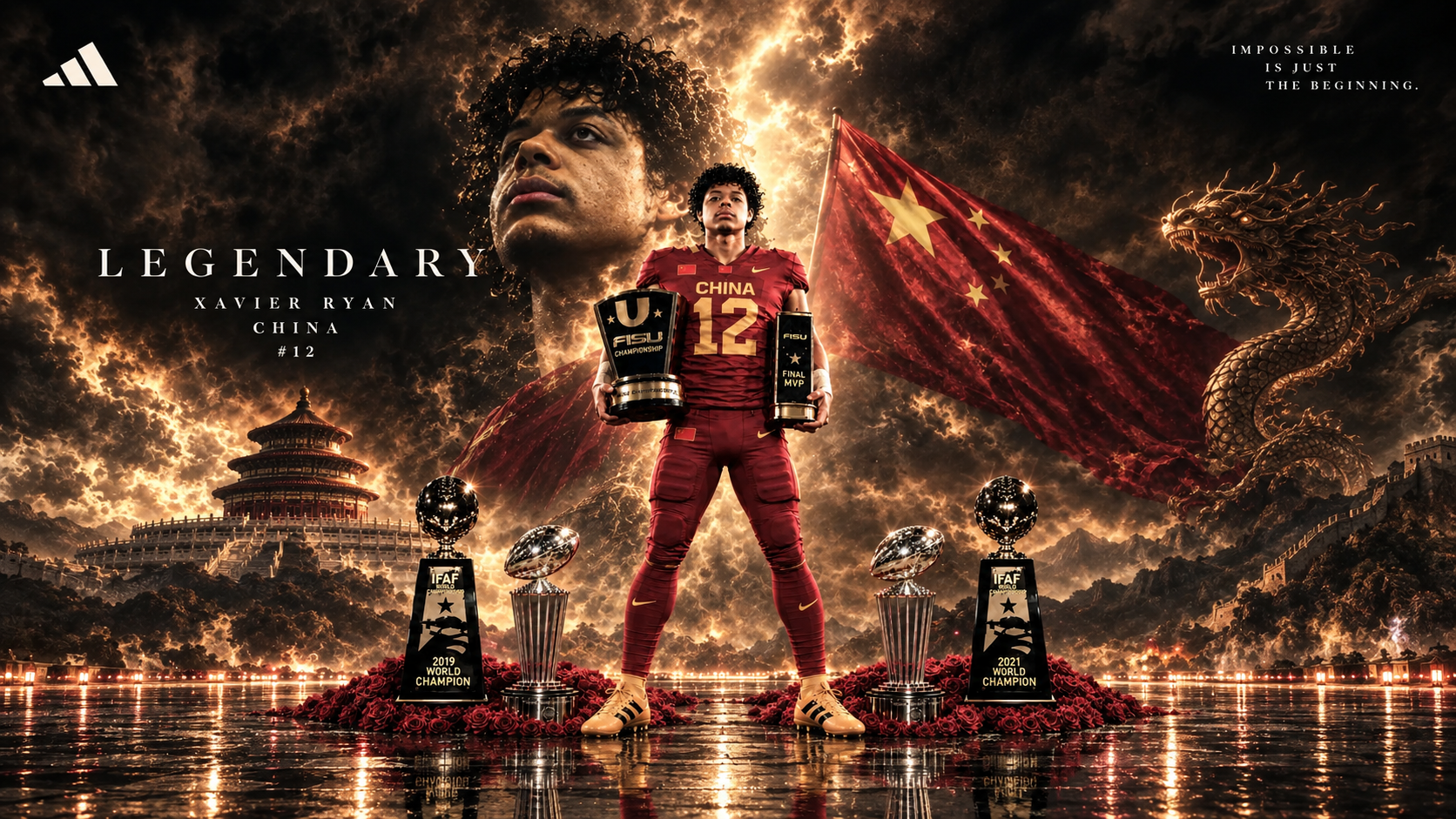 Xavier Ryan China #12 Legendary adidas campaign poster with Chinese flag and dragon