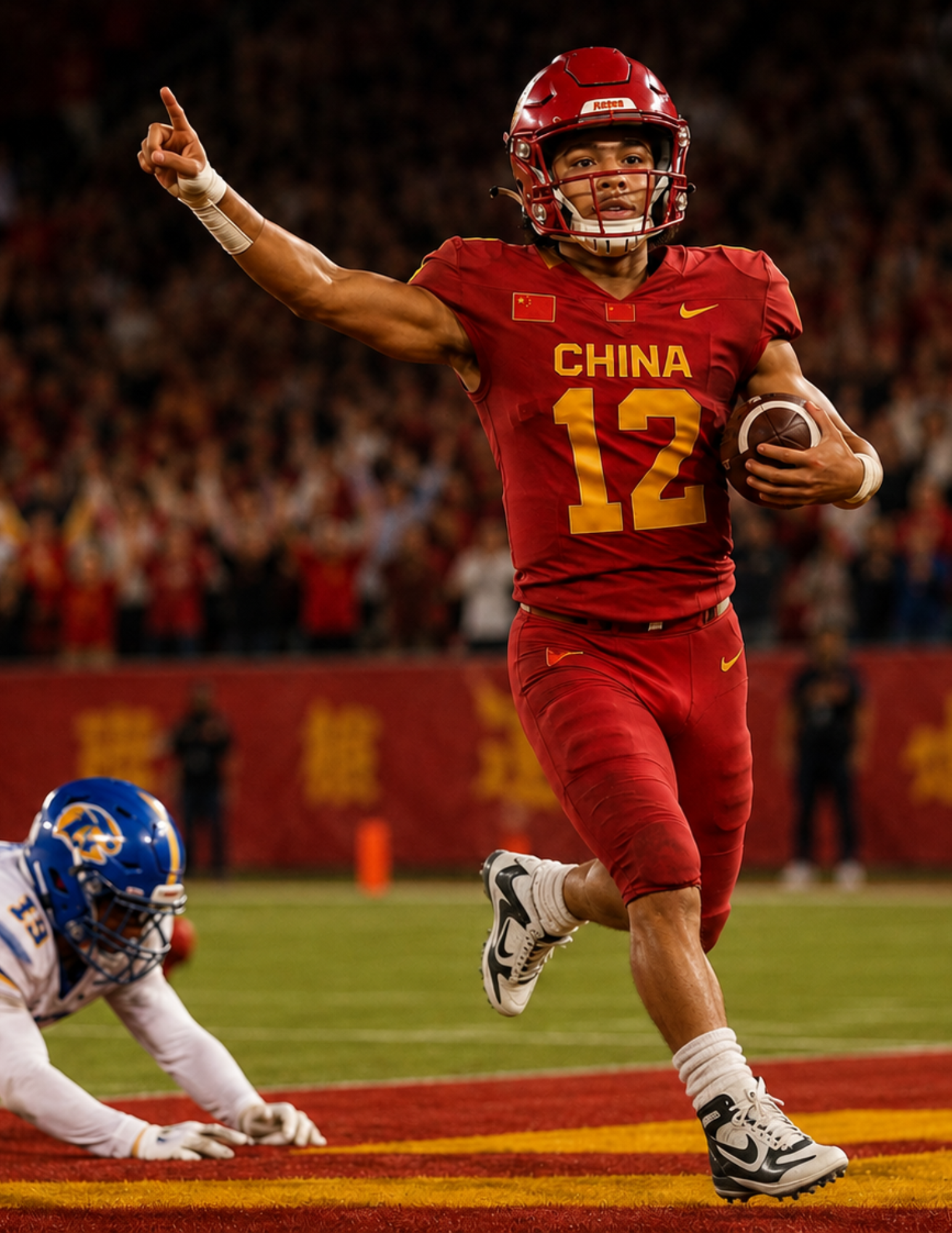 China American football player in a red number 12 uniform running with the ball
