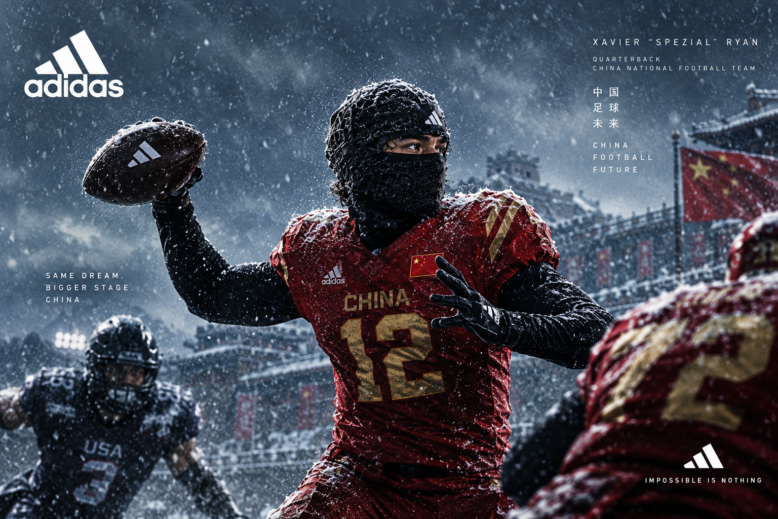 Xavier Ryan China #12 throwing in snowstorm adidas campaign Impossible Is Nothing