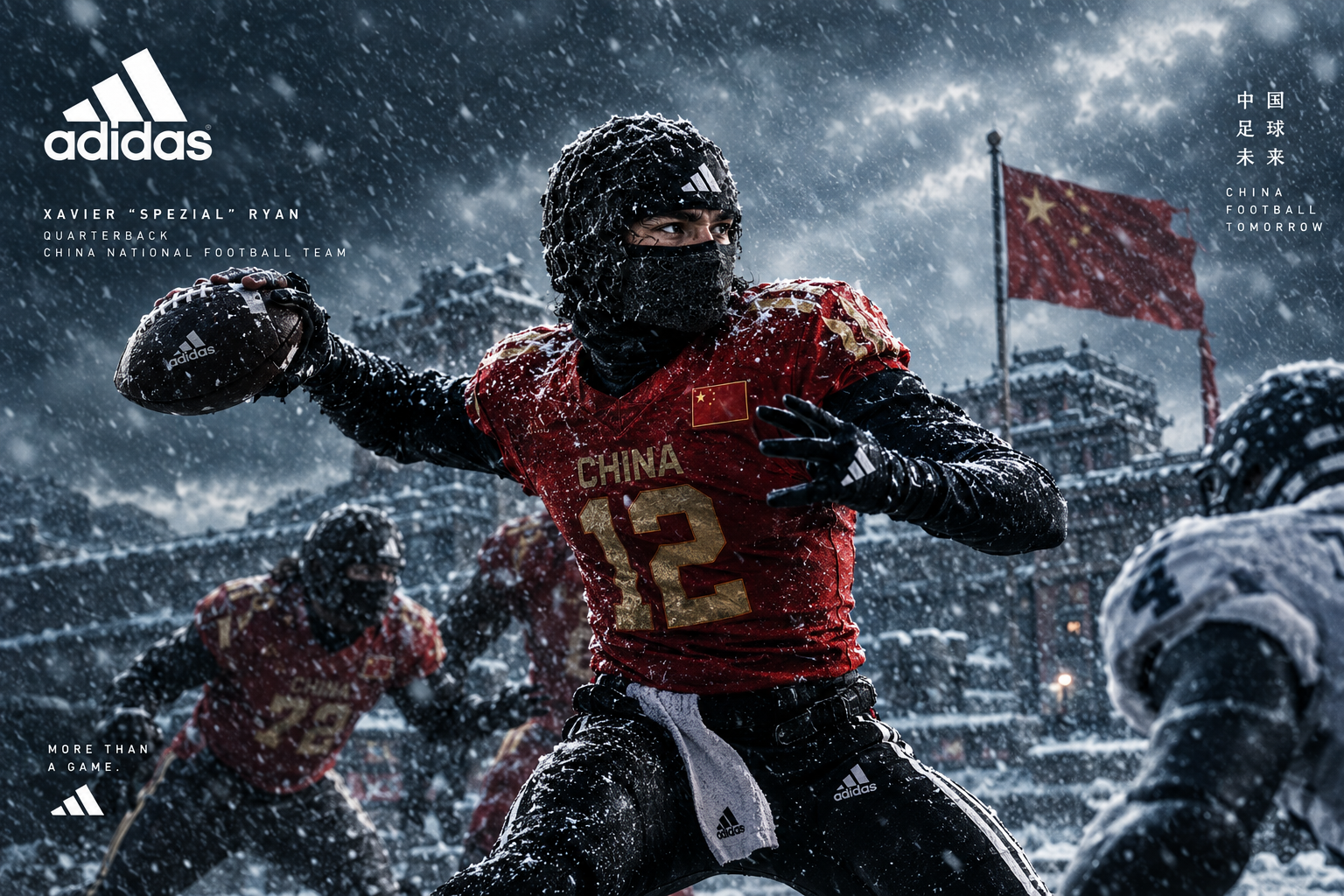 Xavier Ryan China #12 in snowstorm adidas campaign China Football Tomorrow