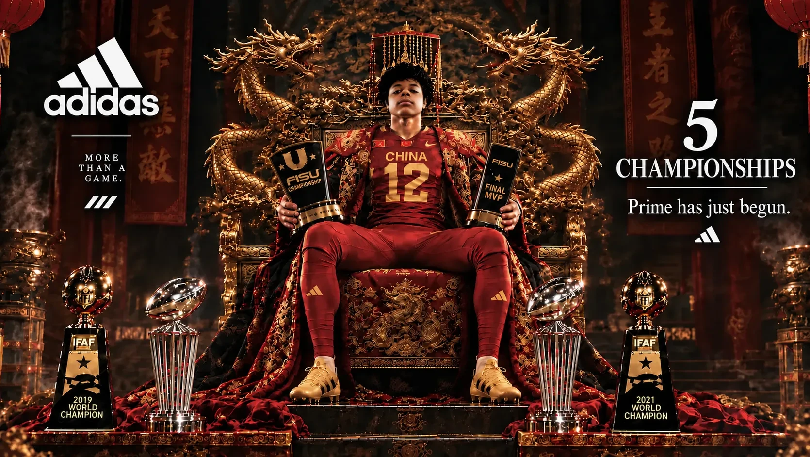 Xavier Ryan China #12 seated on throne with 5 championship trophies adidas campaign