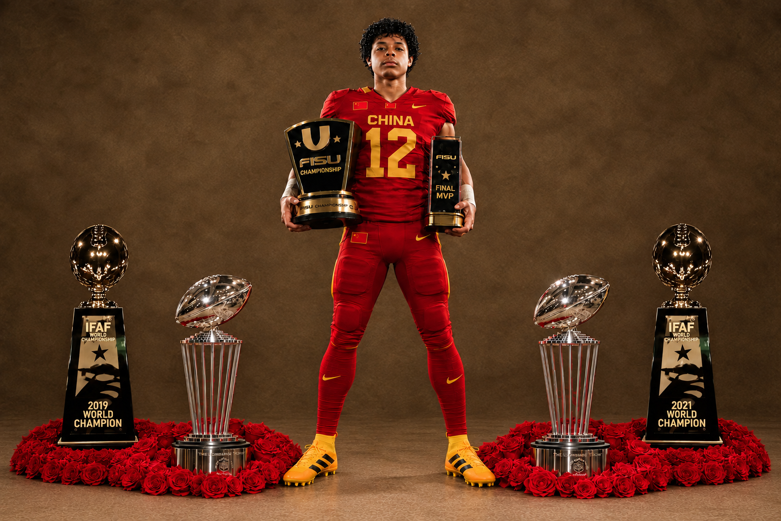 Xavier Ryan China #12 holding FISU Championship and Final MVP trophies surrounded by IFAF World Champion trophies
