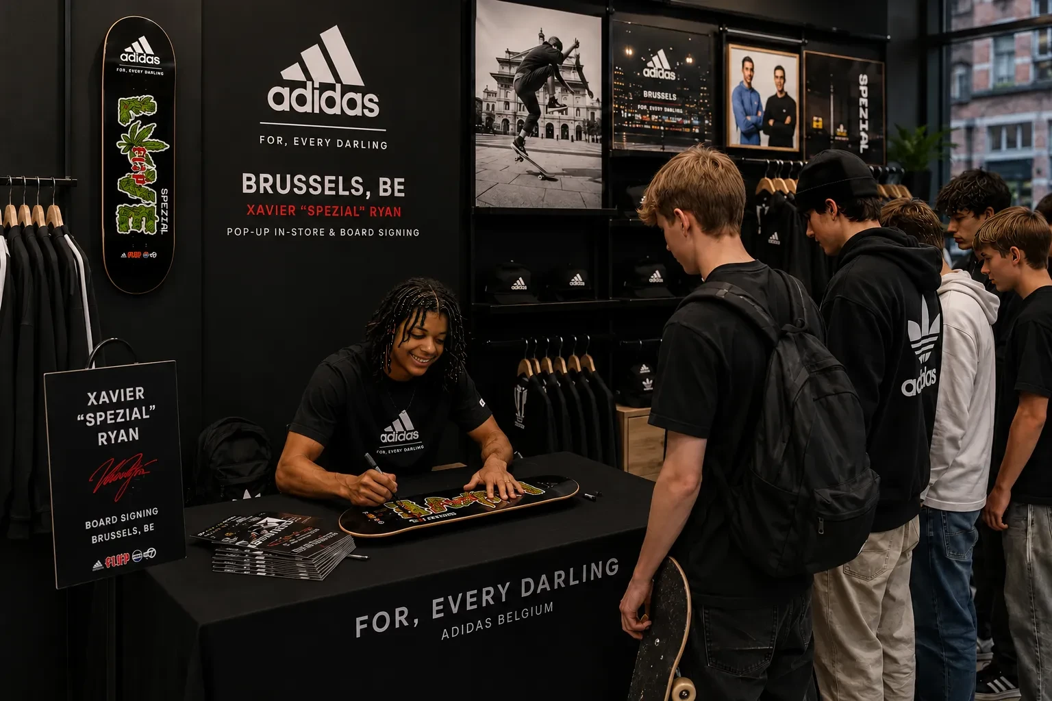 Xavier Ryan signing skateboards for visitors at an adidas pop-up in Brussels