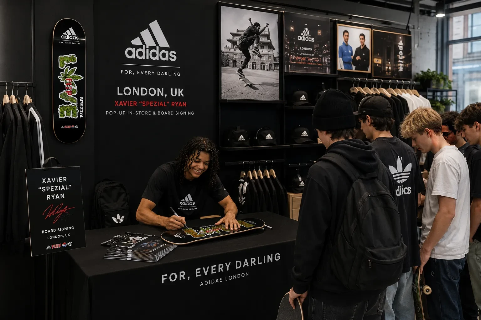 Xavier Ryan signing a skateboard for visitors at an adidas pop-up in London