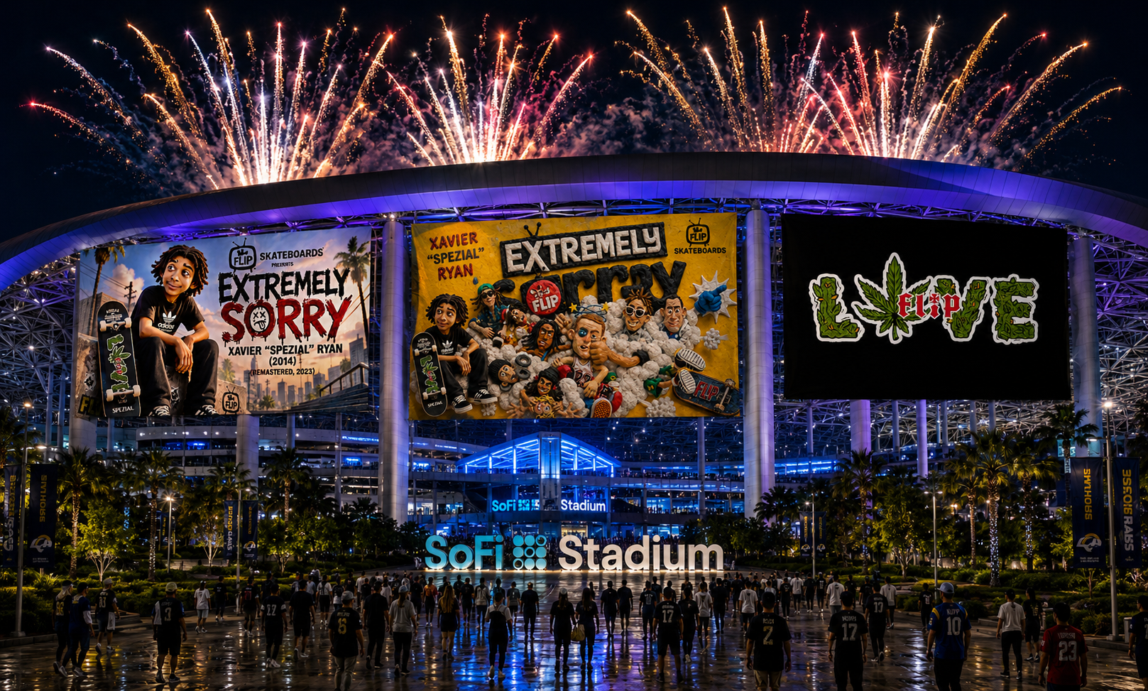 Nighttime view of SoFi Stadium with fireworks and Flip Skateboards campaign billboards