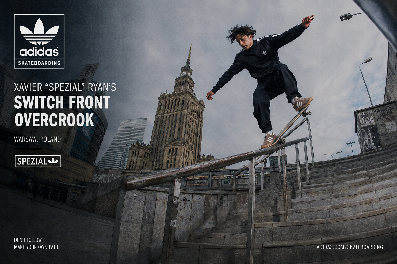Xavier Ryan performing a switch front overcrook on a rail in Warsaw, Poland