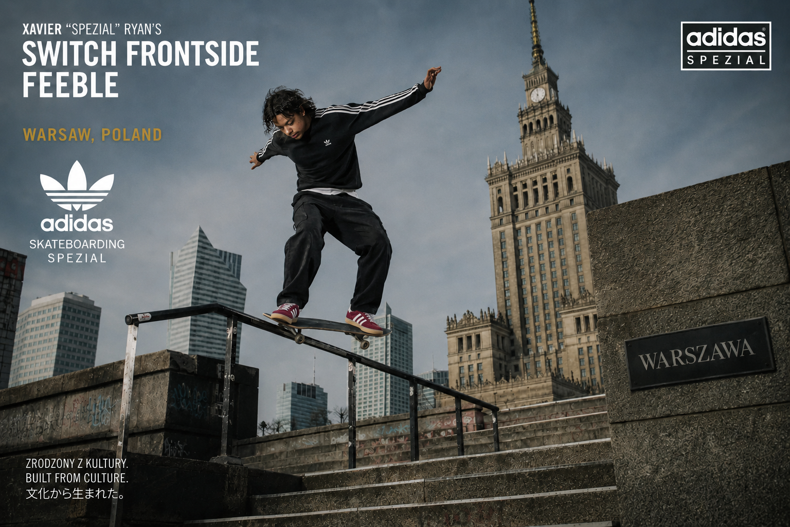 Xavier Ryan performing a switch frontside feeble on a rail in Warsaw, Poland