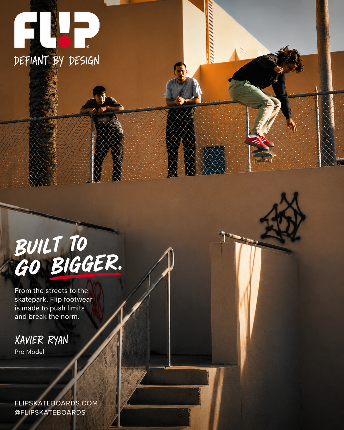 Xavier Ryan skateboarding over a rail in a Flip footwear campaign poster