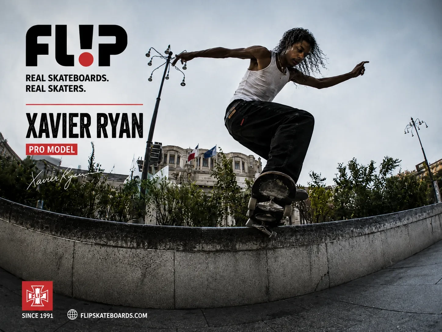 Xavier Ryan skating a stone ledge in a Flip Skateboards pro model campaign image