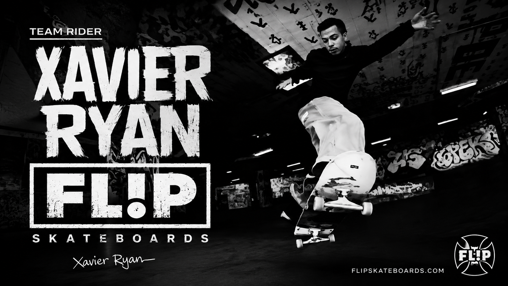 Black-and-white Flip Skateboards promotional graphic featuring Xavier Ryan mid-air on a skateboard