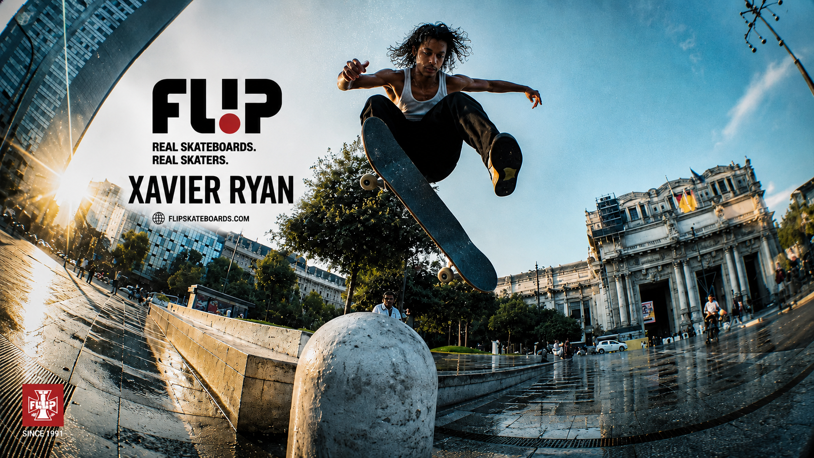 Xavier Ryan performing an aerial skateboard trick in an urban plaza