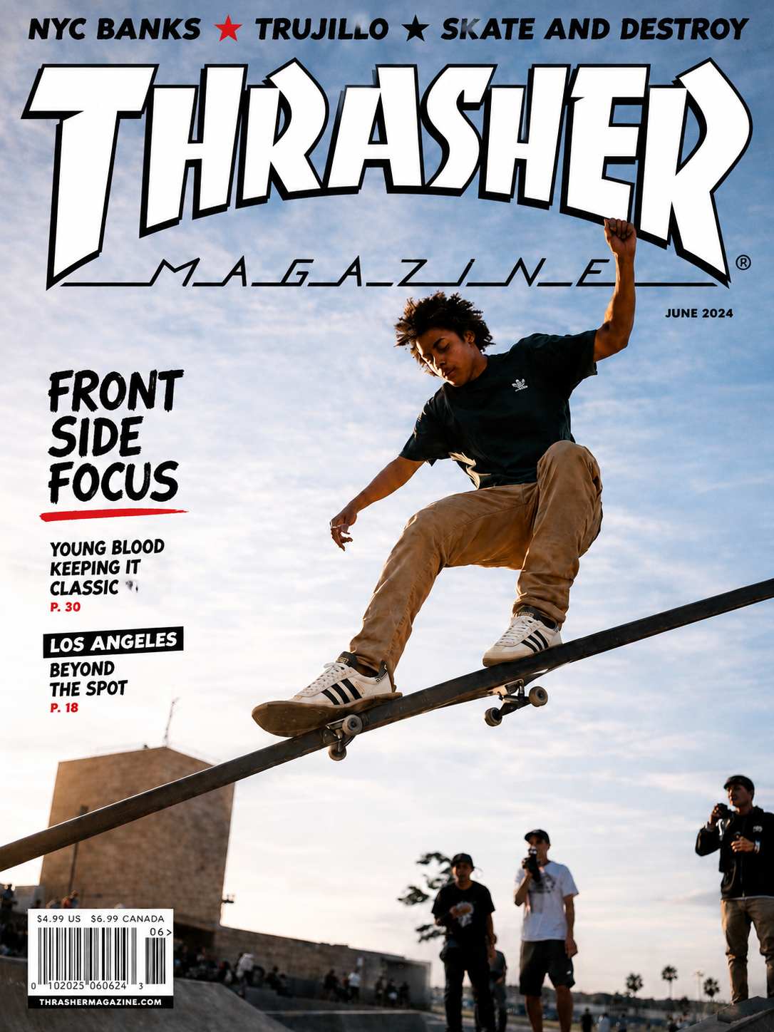 Thrasher Magazine June 2024 cover featuring Xavier Ryan skateboarding a rail