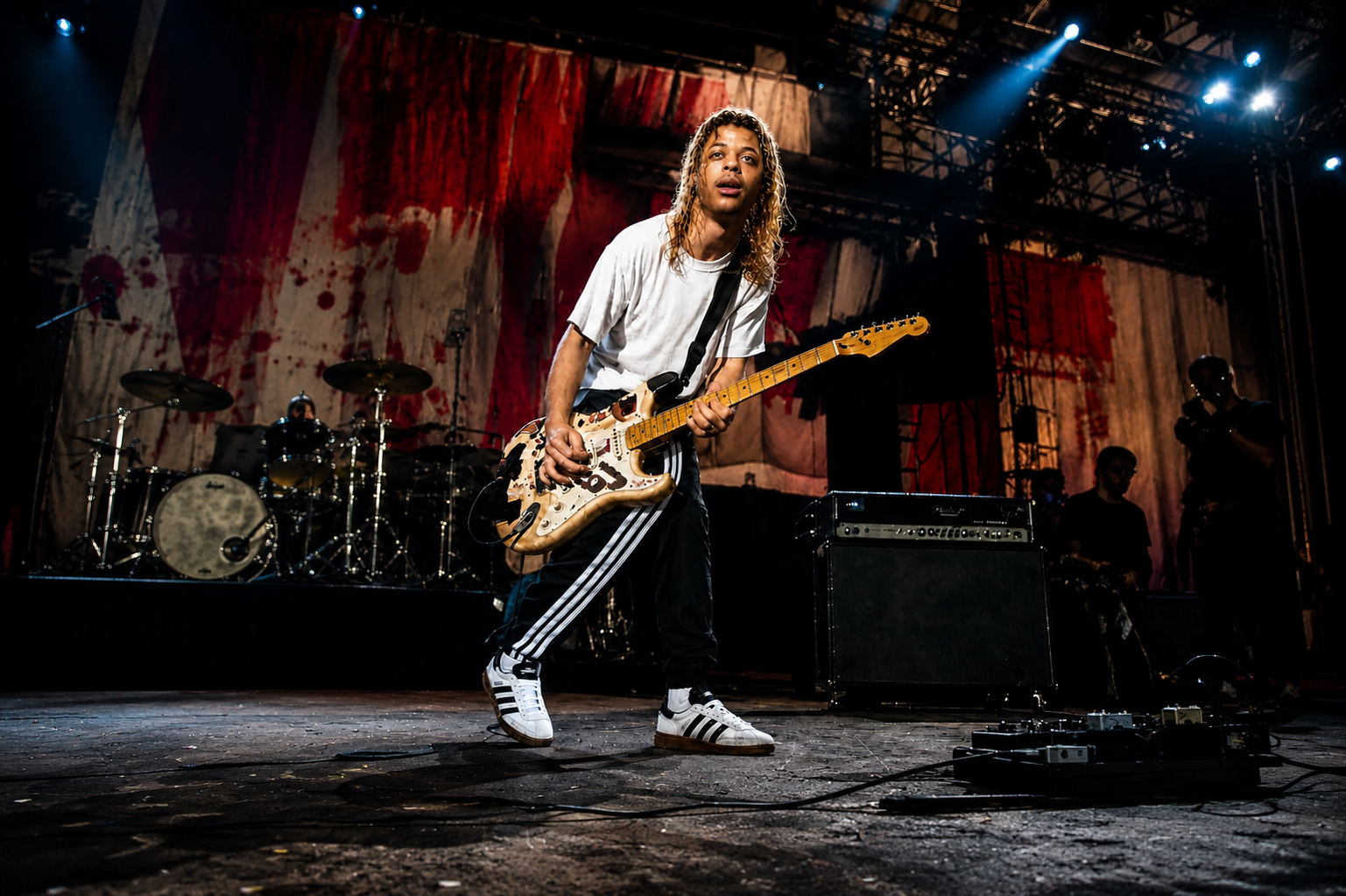 Xavier Spezial Ryan playing electric guitar onstage, wearing adidas footwear before red-and-black tour backdrops
